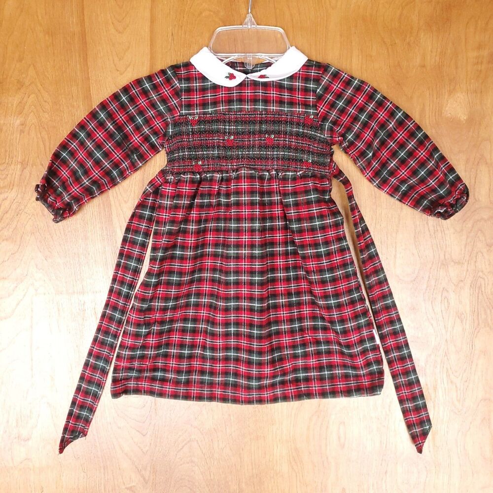 Little Me Holiday Dress 18m Red Plaid Cotton Christmas Holly Long Sleeve Smocked